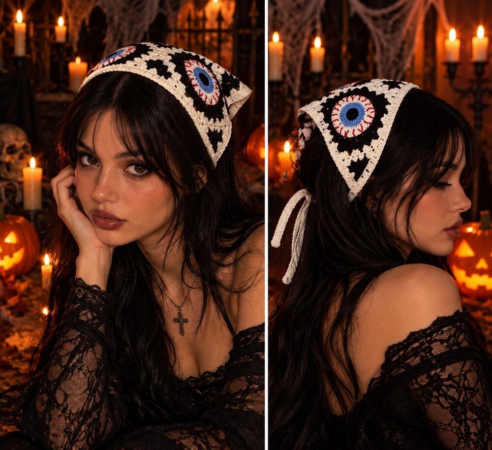 Crochet Headscarf O/S Goth Spooky Evil Eye Halloween Autumn Witchy Whimsigoth